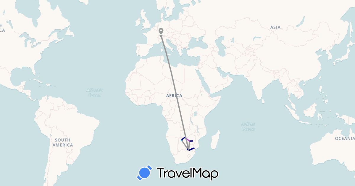 TravelMap itinerary: driving, plane, train, boat in Botswana, Switzerland, South Africa, Zimbabwe (Africa, Europe)