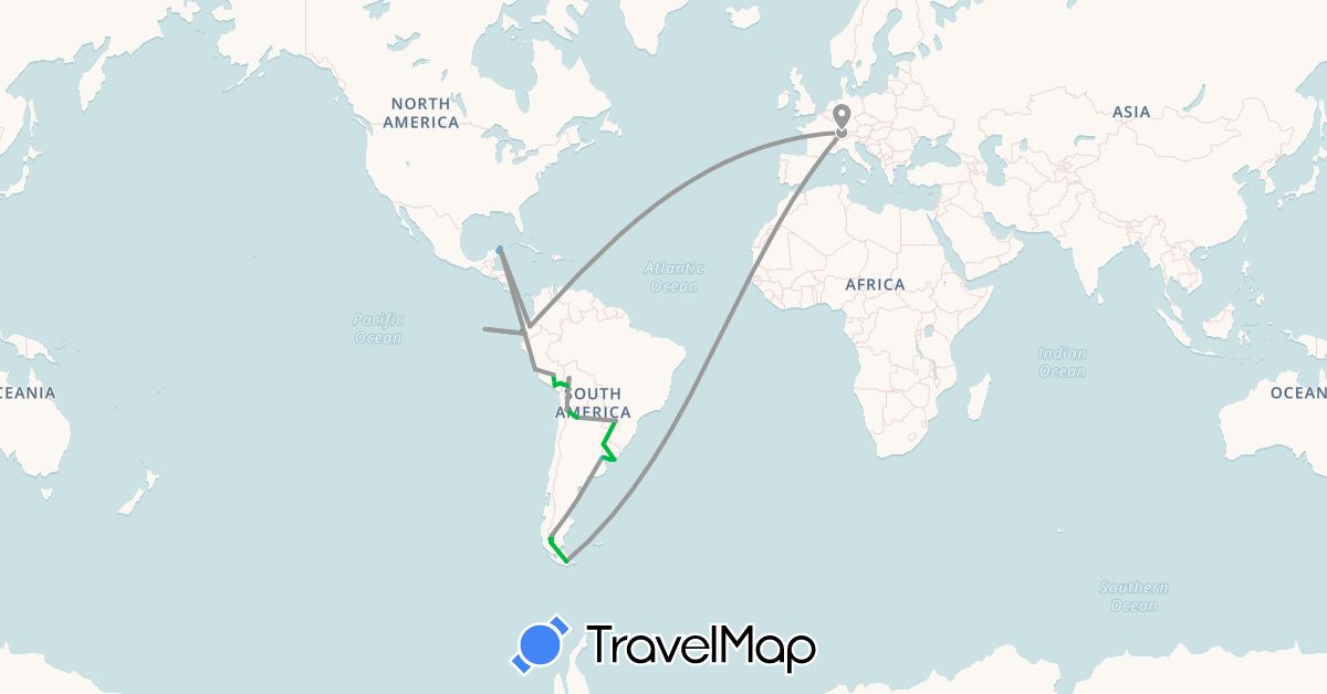 TravelMap itinerary: driving, bus, plane, boat in Argentina, Bolivia, Switzerland, Chile, Ecuador, Mexico, Peru, Uruguay (Europe, North America, South America)